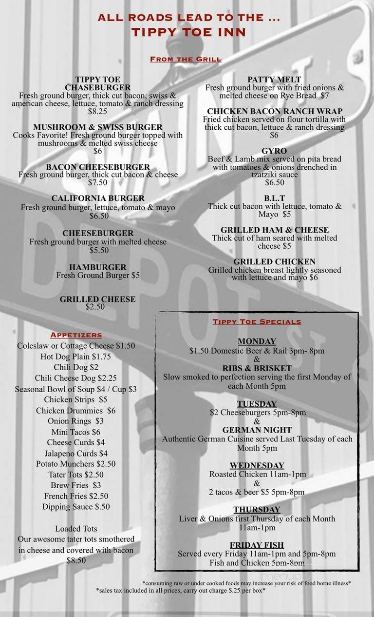 De Garmo's Tippy Toe Inn - Chaseburg, WI menu_pic