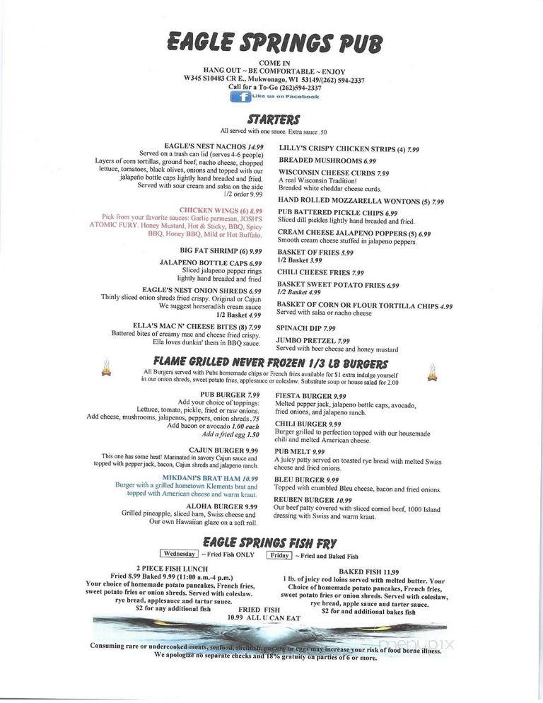 Eagle Springs Pub - Mukwonago, WI menu_pic