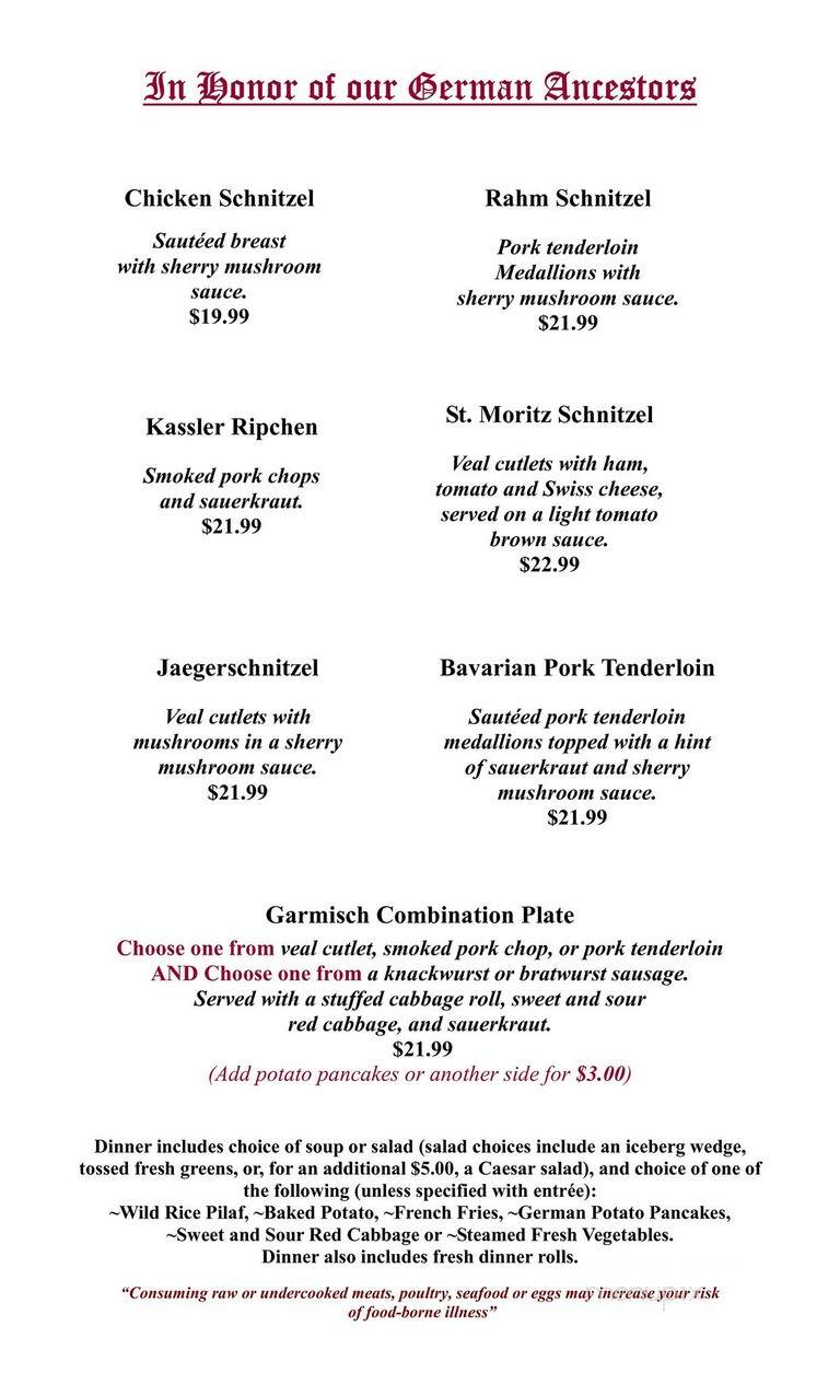 Garmisch USA Resort - Cable, WI menu_pic