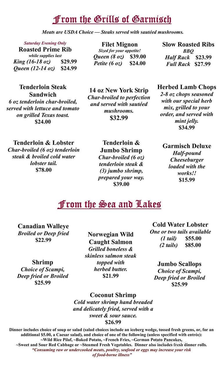Garmisch USA Resort - Cable, WI menu_pic