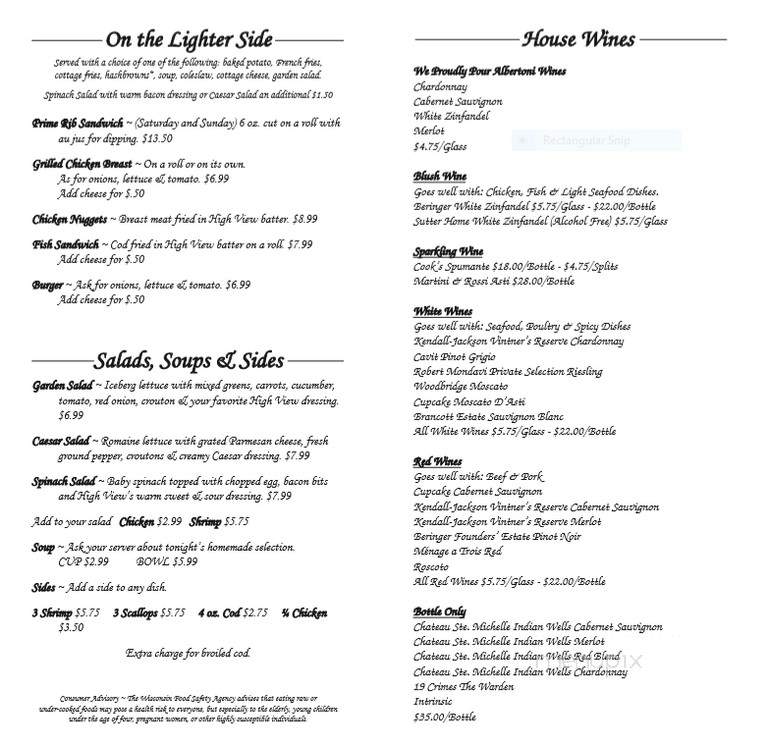 High View Inn - Medford, WI menu_pic