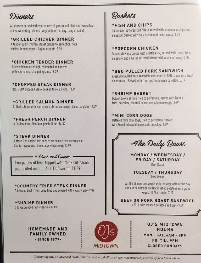 O J's Midtown Restaurant - Gillett, WI menu_pic
