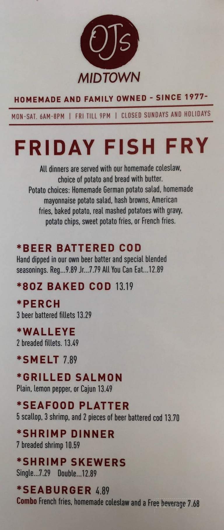 O J's Midtown Restaurant - Gillett, WI menu_pic