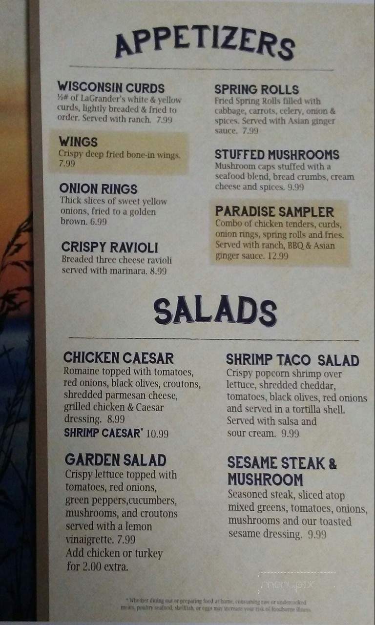 Paradise Shores Resort - Holcombe, WI menu_pic