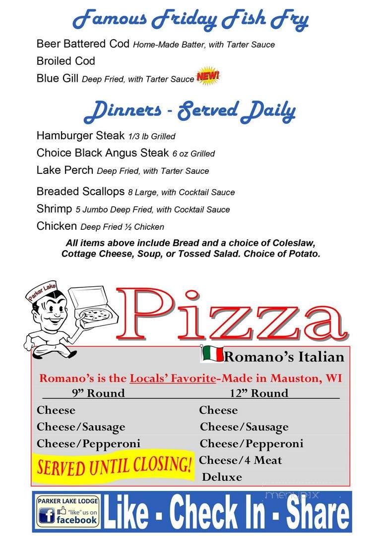 Parker Lake Lodge - Oxford, WI menu_pic