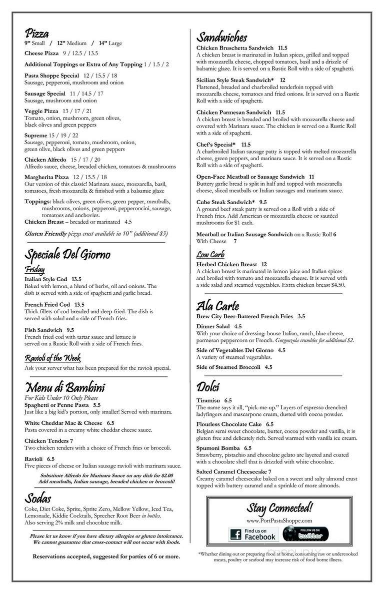 Pasta Shoppe - Port Washington, WI menu_pic