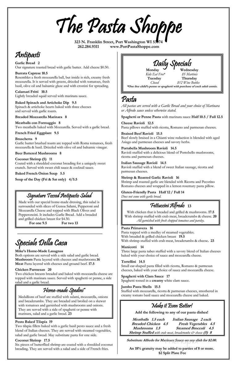 Pasta Shoppe - Port Washington, WI menu_pic