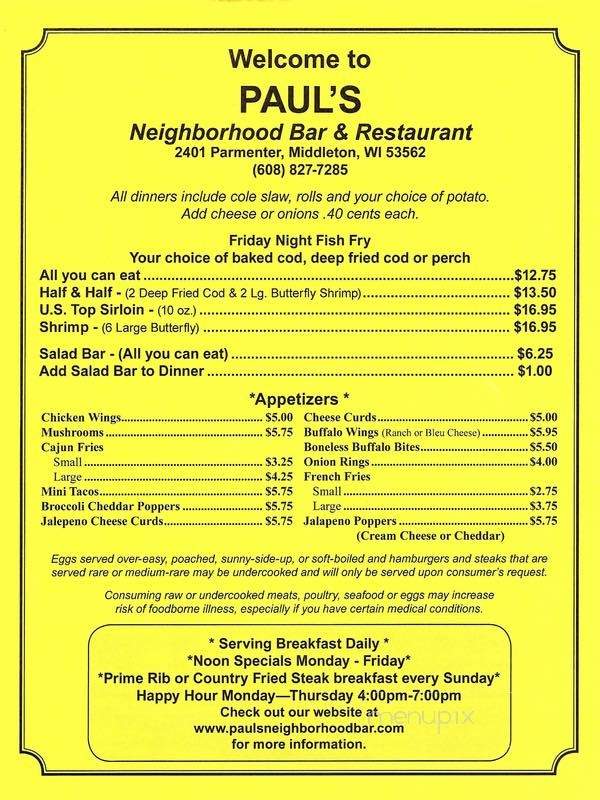 Paul's Neighborhood Bar - Middleton, WI menu_pic
