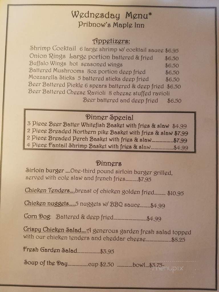Pribnow's Maple Inn - Ixonia, WI menu_pic