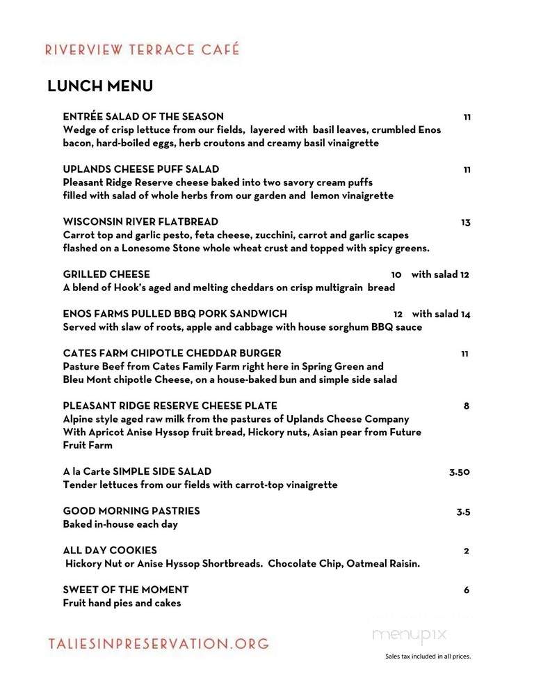 Riverview Terrace Cafe - Spring Green, WI menu_pic