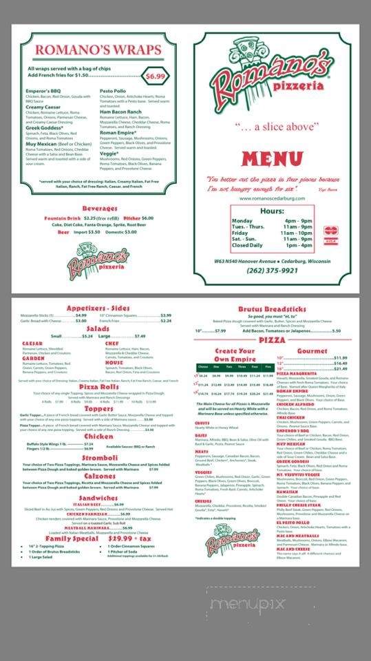 Romano's Pizzeria - Cedarburg, WI menu_pic