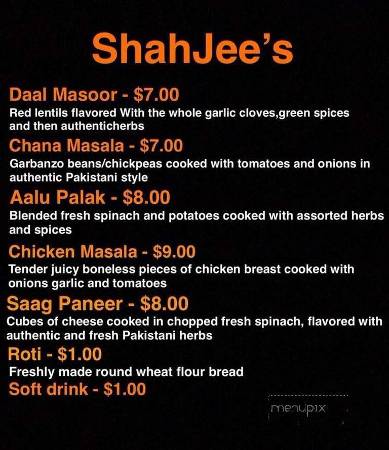Shah Jee's Restaurant - Milwaukee, WI menu_pic