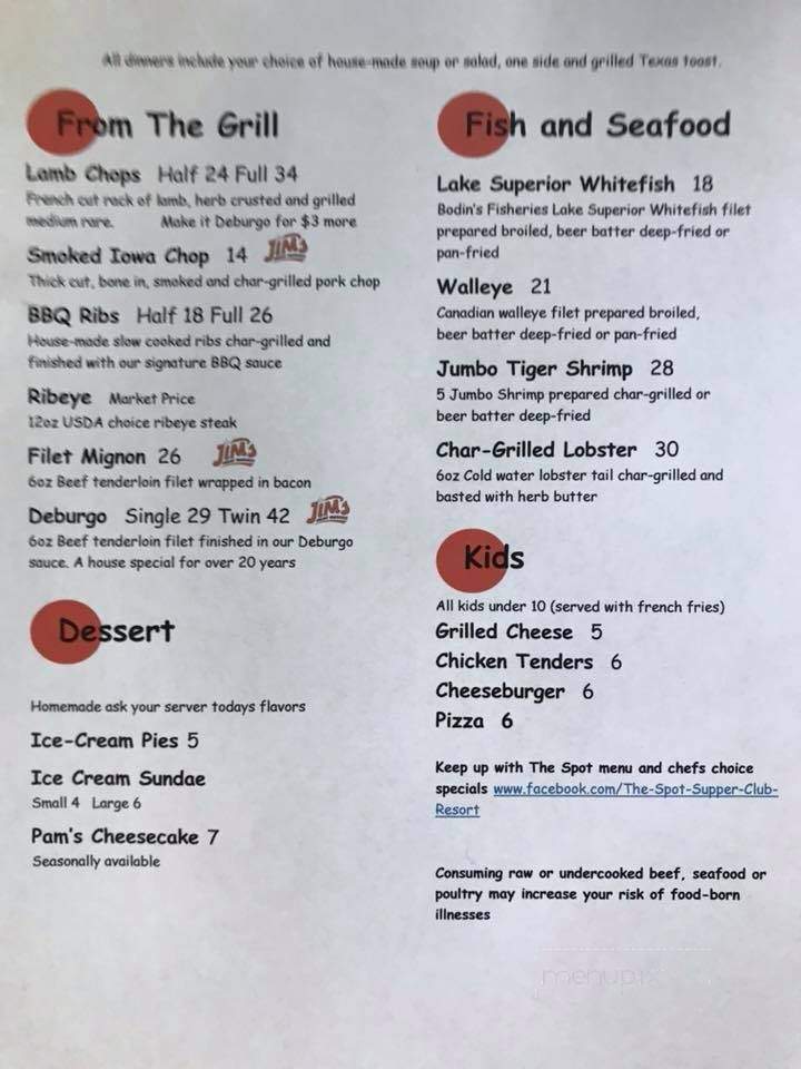 Spot Supper Club & Resort - Iron River, WI menu_pic