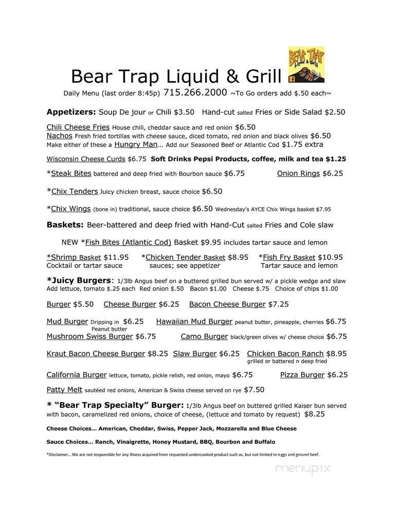 Trap & Fish Bar & Restaurant - Winter, WI menu_pic