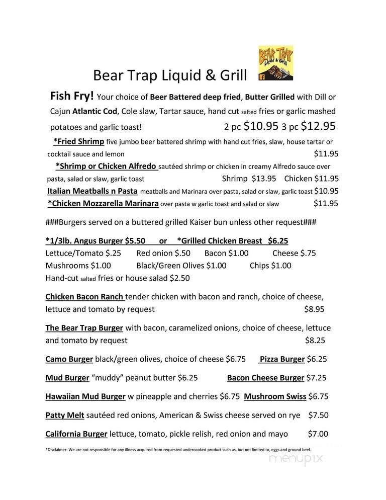 Trap & Fish Bar & Restaurant - Winter, WI menu_pic