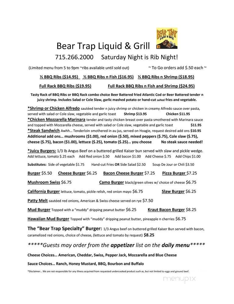 Trap & Fish Bar & Restaurant - Winter, WI menu_pic