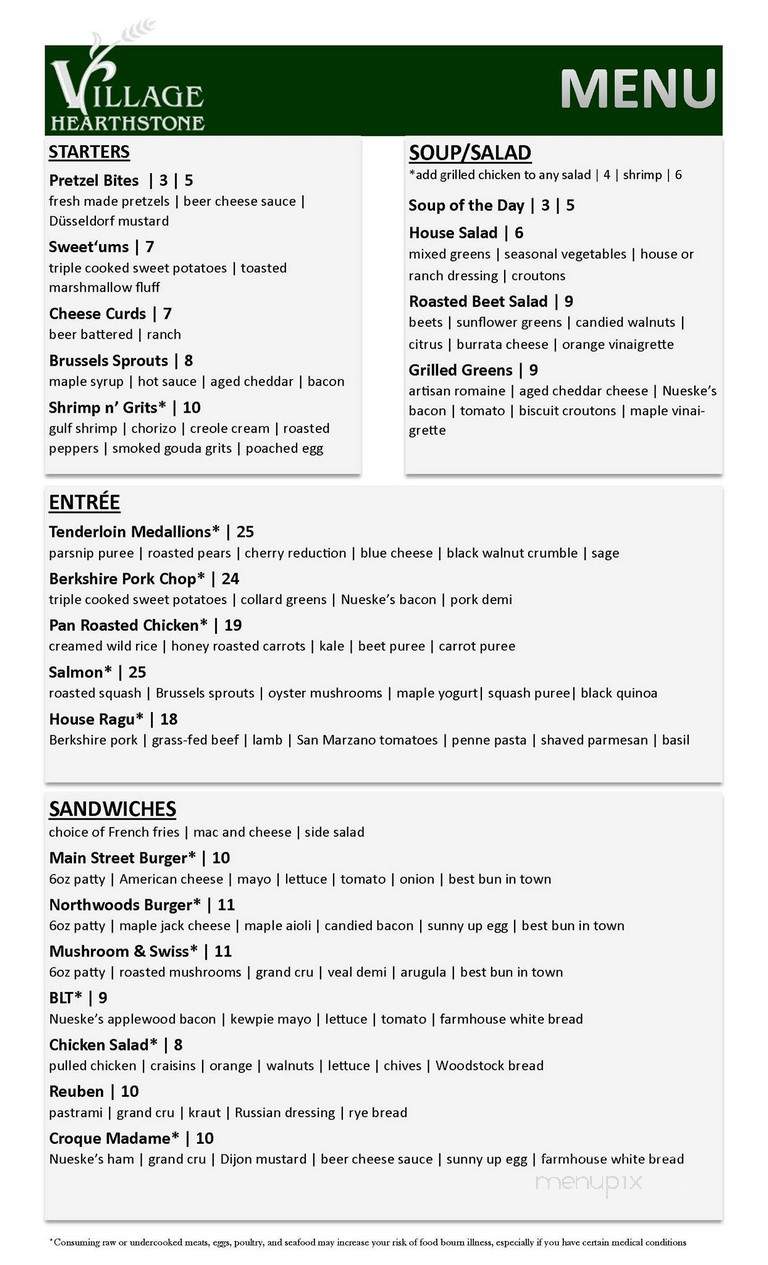 Village Heartstone Restaurant - Hilbert, WI menu_pic