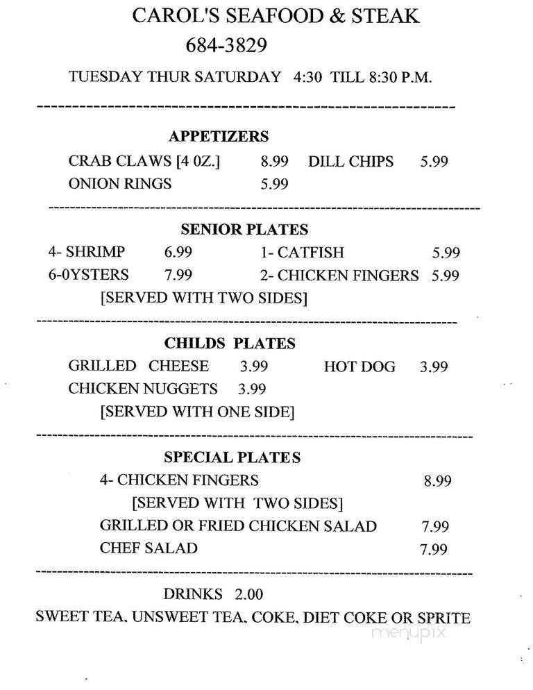 Carol's Seafood & Steak - Geneva, AL menu_pic