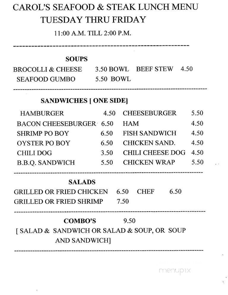 Carol's Seafood & Steak - Geneva, AL menu_pic