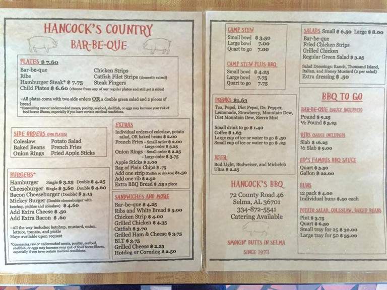 Hancock's Country Bar-B-Que - Selma, AL menu_pic