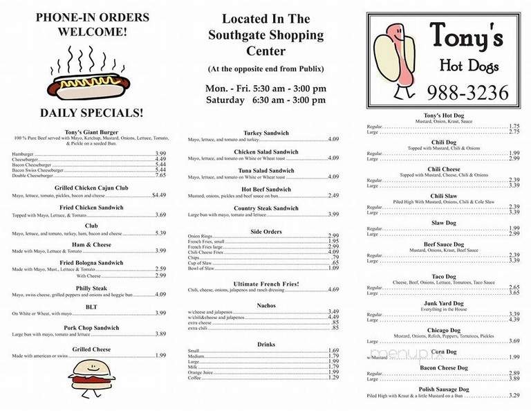 Tony's Hot Dog's - Birmingham, AL menu_pic