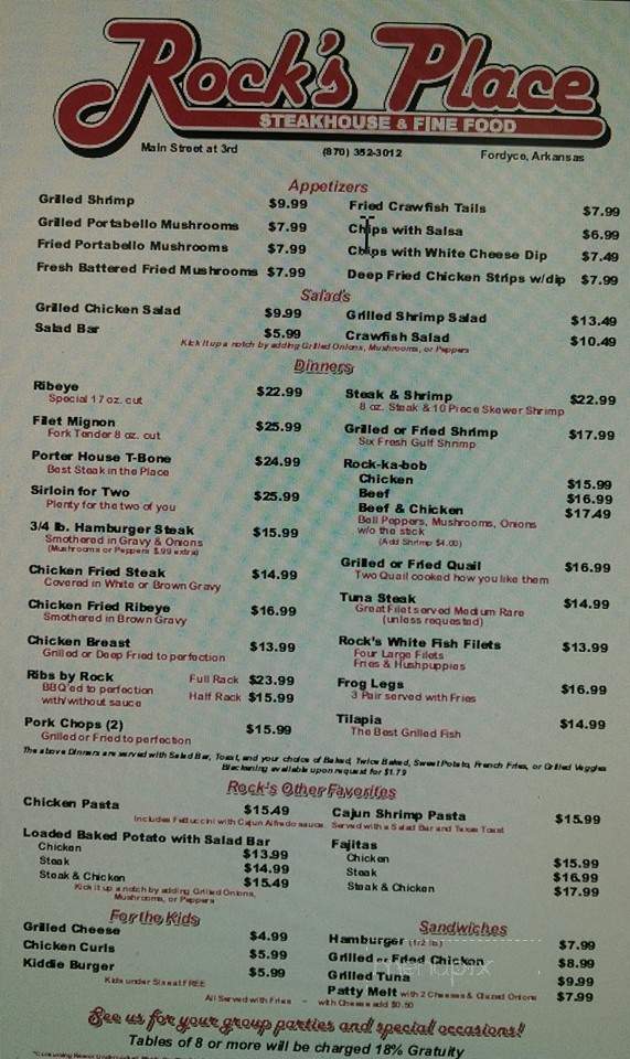 Rock's Place Steakhouse - Fordyce, AR menu_pic