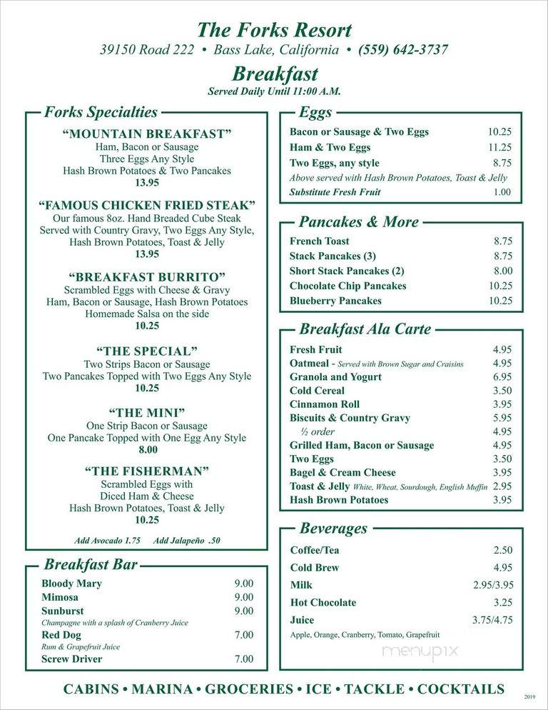 Forks Resort - Bass Lake, CA menu_pic