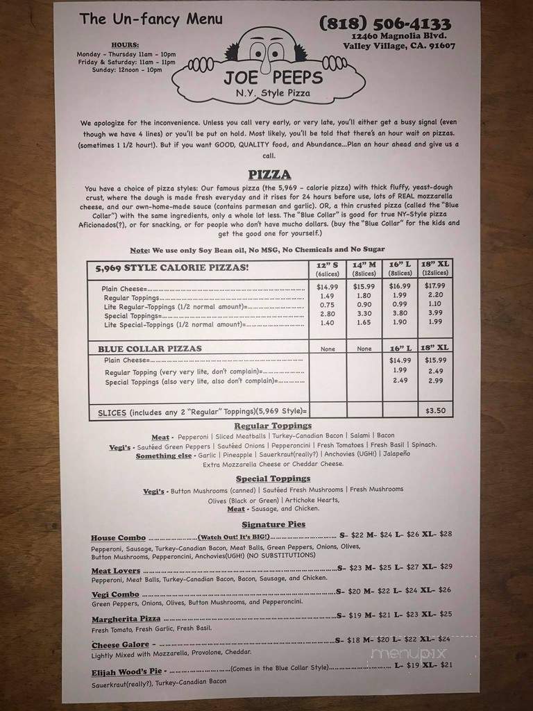 Joe Peep's Ny Pizza - Whittier, CA menu_pic