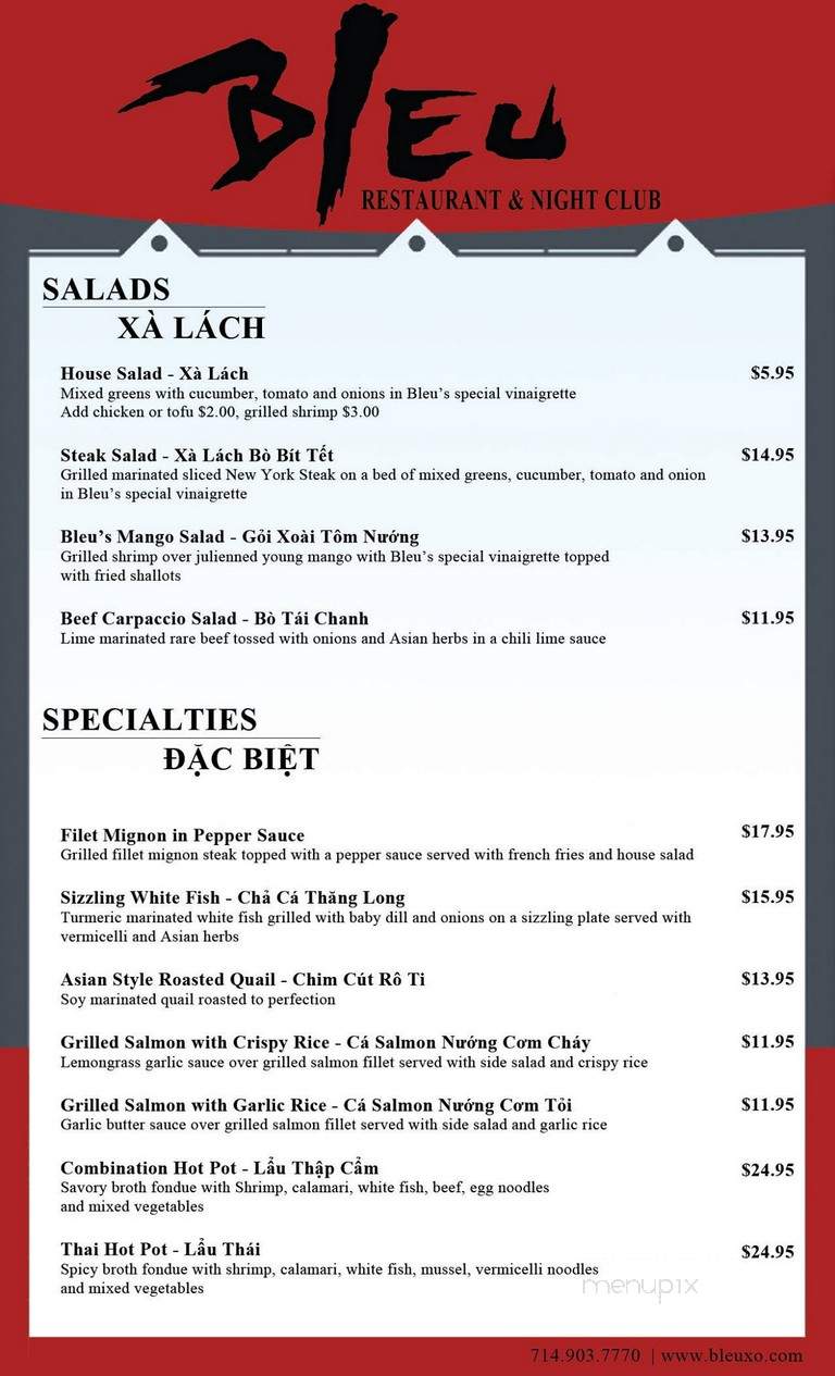 Bleu Restaurant & Dancing - Westminster, CA menu_pic