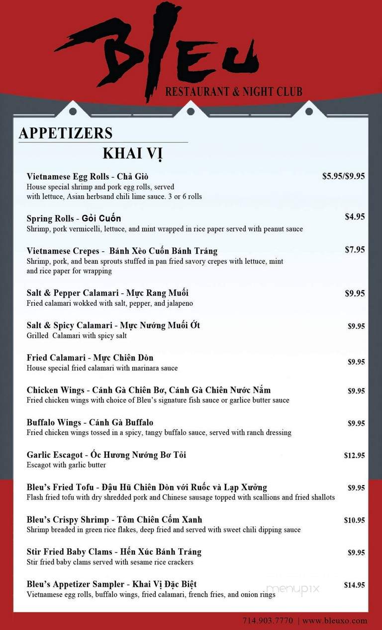 Bleu Restaurant & Dancing - Westminster, CA menu_pic