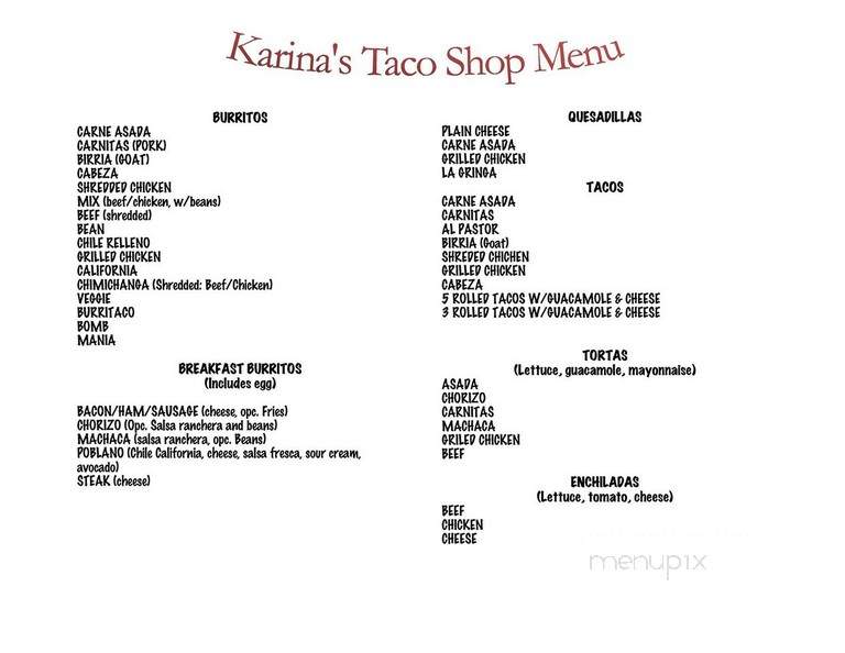 Karina's Taco Shop - Encinitas, CA menu_pic