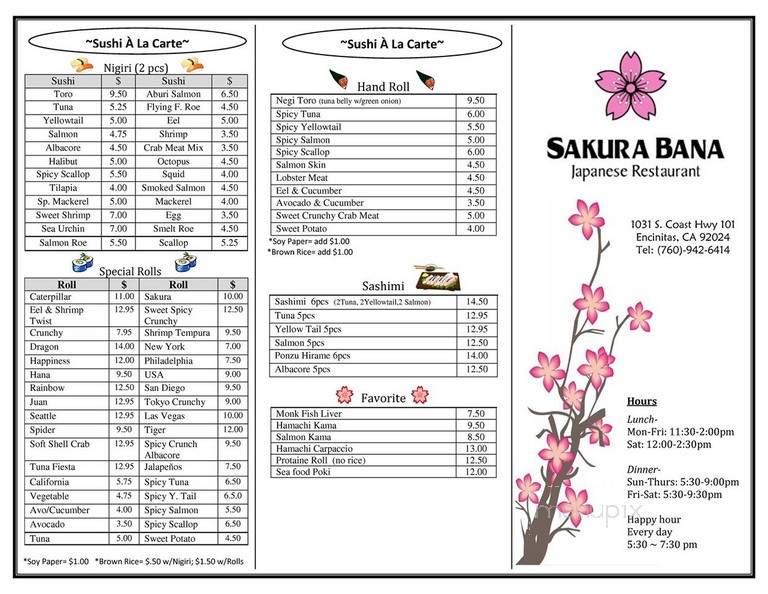 Sakura Bana Sushi Bar - Encinitas, CA menu_pic