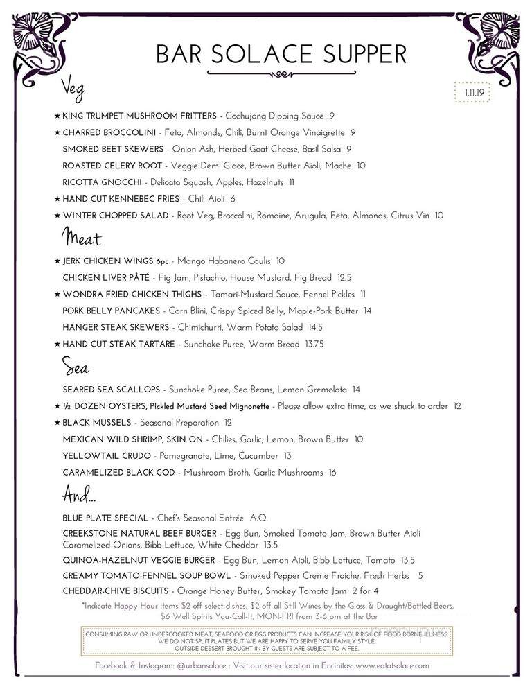 Urban Solace - San Diego, CA menu_pic