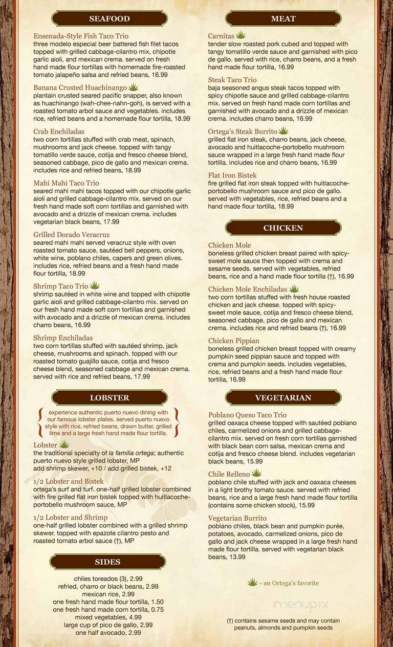 Ortega's A Mexican Bistro - San Diego, CA menu_pic