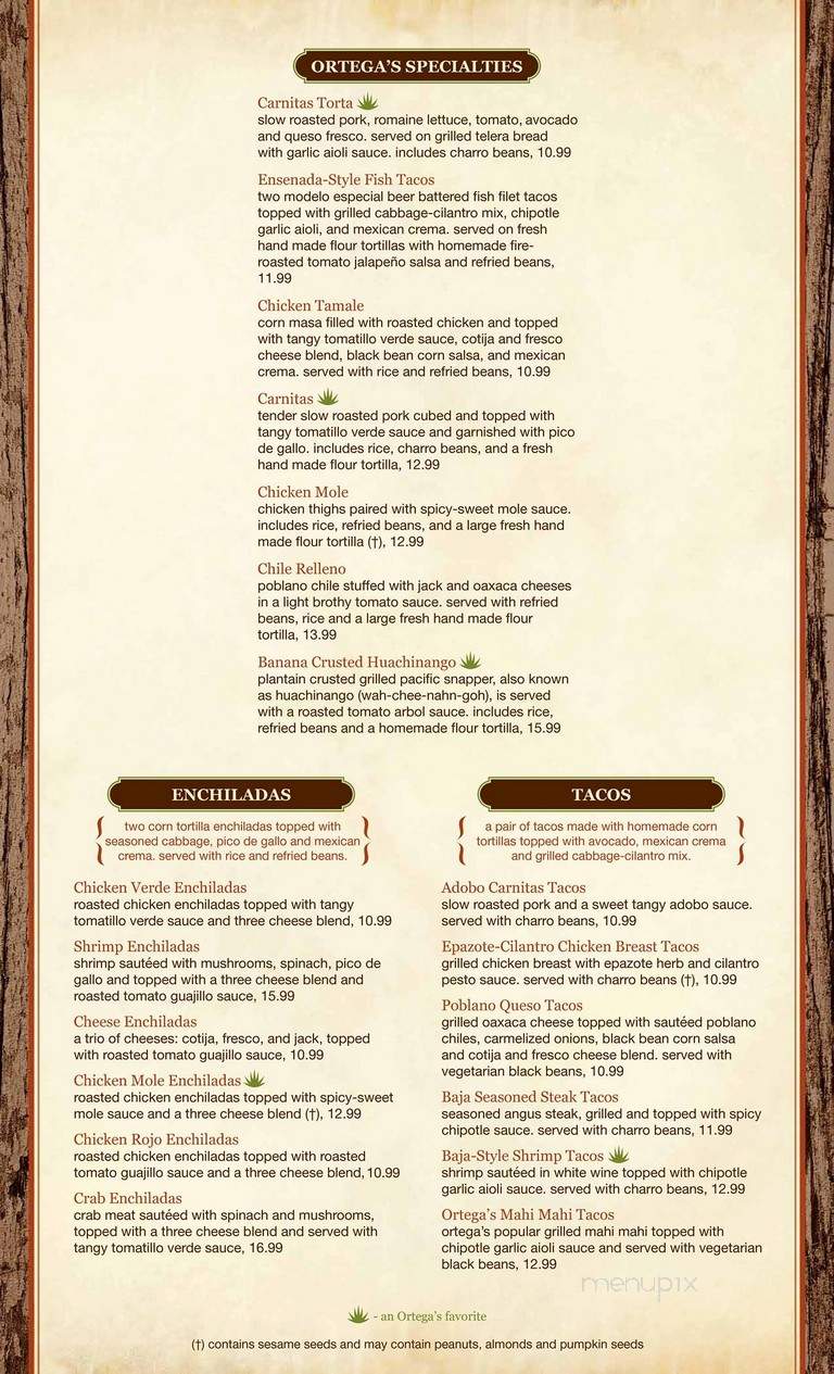 Ortega's A Mexican Bistro - San Diego, CA menu_pic
