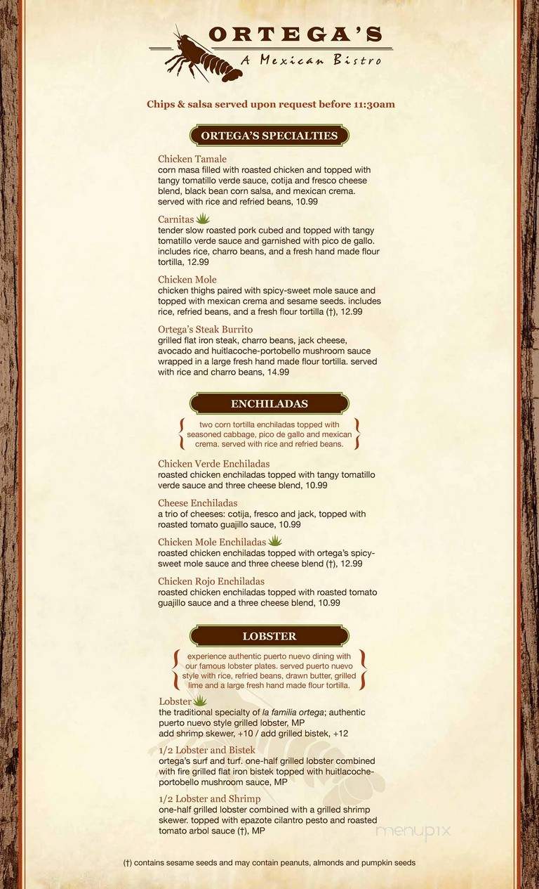 Ortega's A Mexican Bistro - San Diego, CA menu_pic