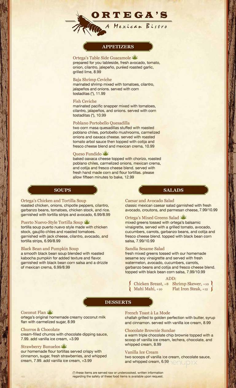 Ortega's A Mexican Bistro - San Diego, CA menu_pic