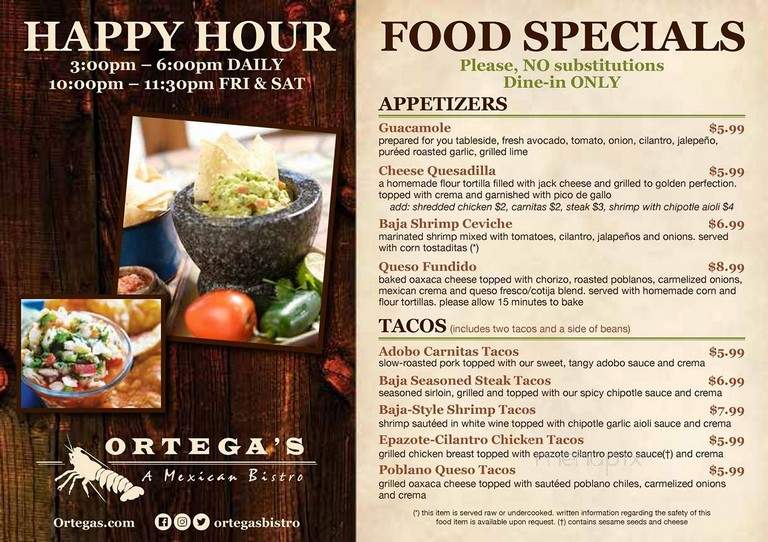 Ortega's A Mexican Bistro - San Diego, CA menu_pic