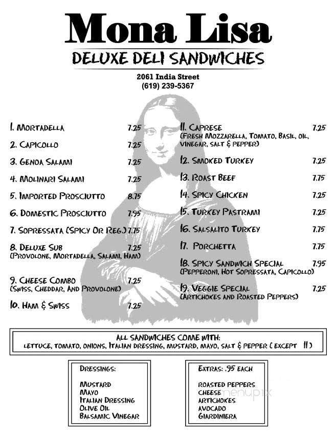 Mona Lisa Italian Restaurant - San Diego, CA menu_pic