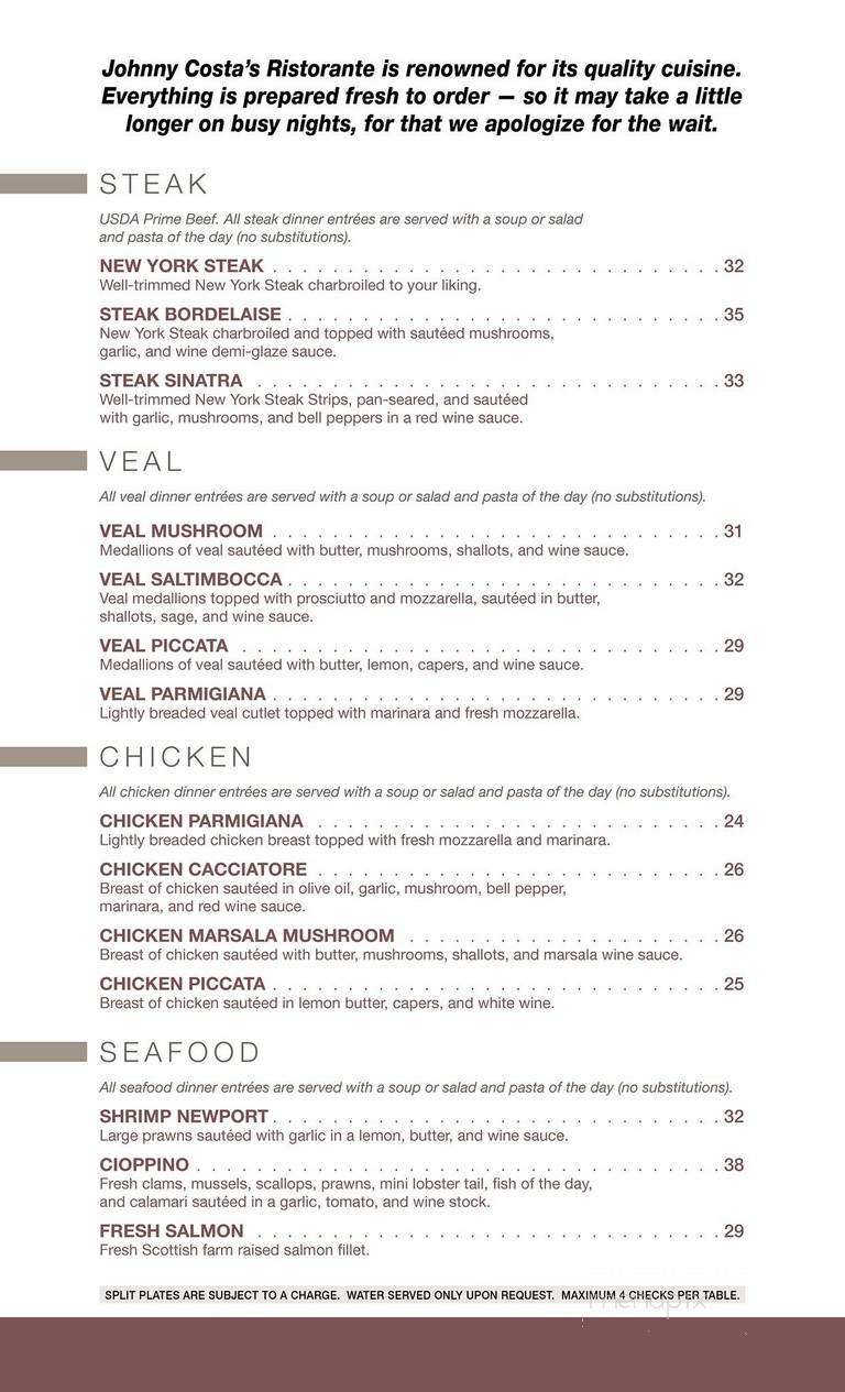 Johnny Costa's Ristorante - Palm Springs, CA menu_pic