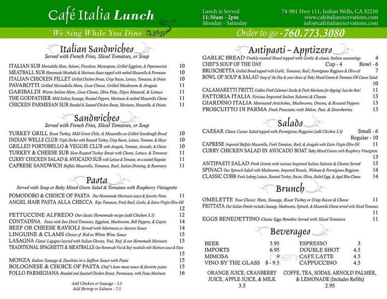 Cafe Italia - Indian Wells, CA menu_pic