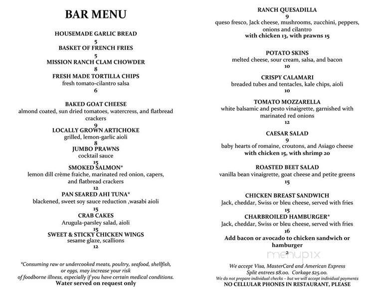 Mission Ranch Restaurant - Carmel, CA menu_pic