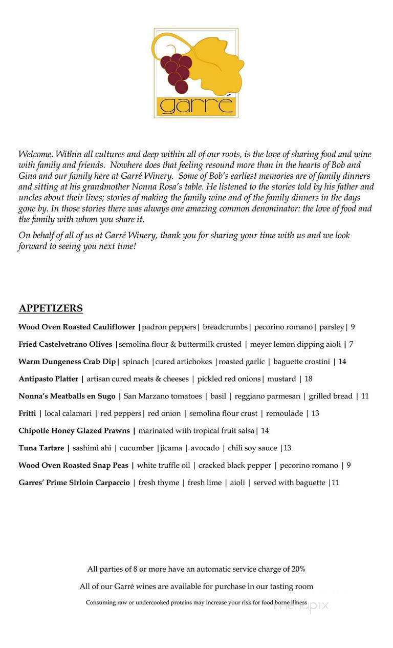 Menu Of Garre Vineyard Winery In Livermore Ca 94550