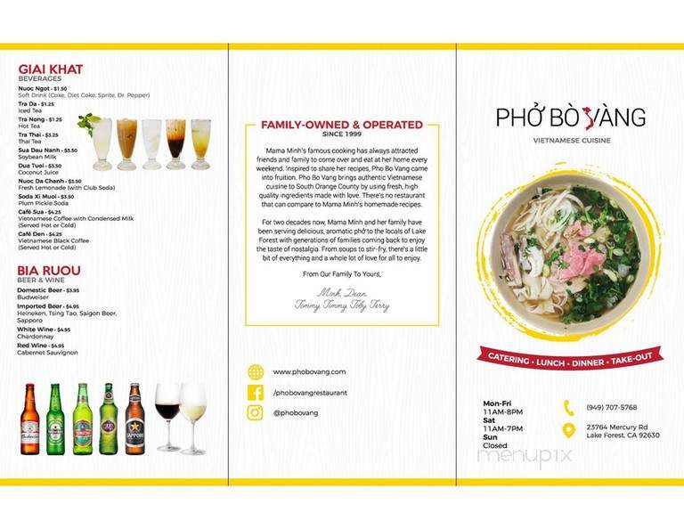 Pho Bo Vang - Lake Forest, CA menu_pic