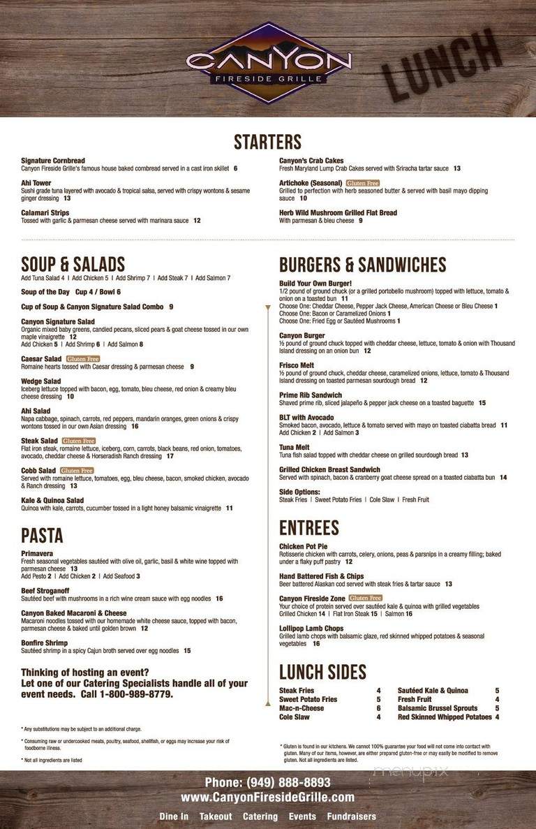 Canyon Fireside Grill - Rancho Santa Margarita, CA menu_pic