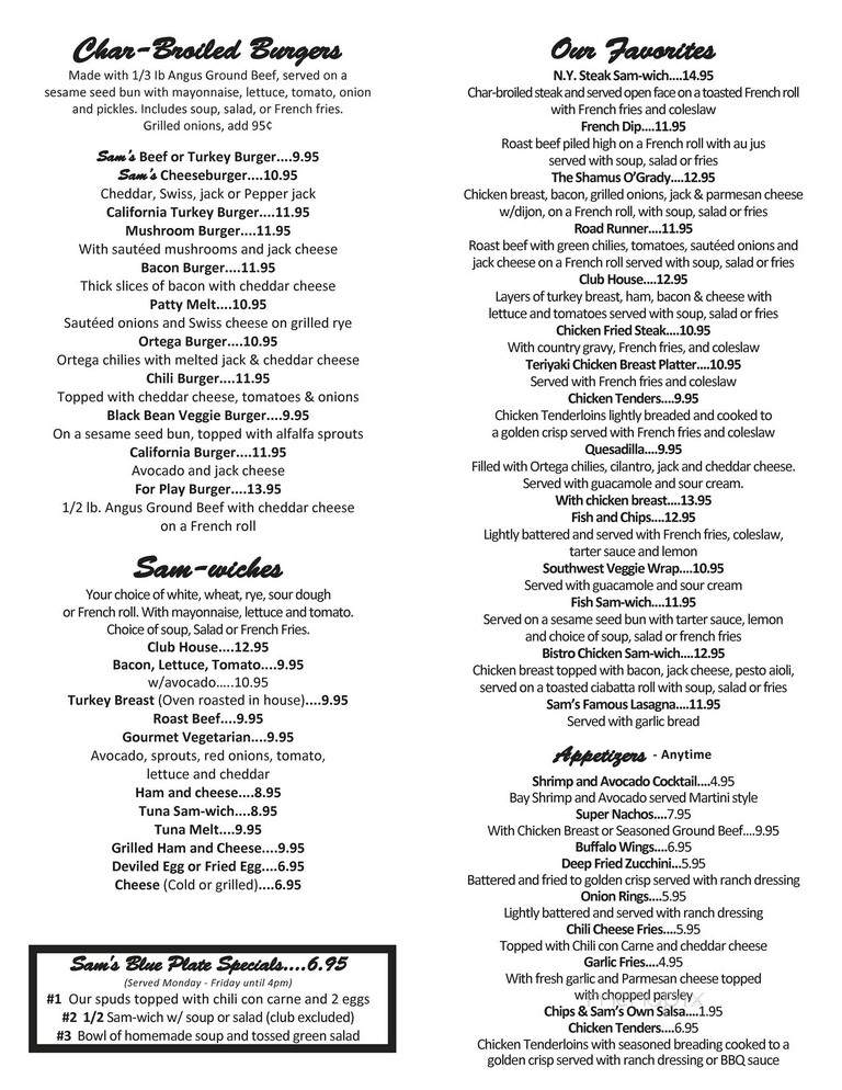 Sam's For Play Cafe - Santa Rosa, CA menu_pic