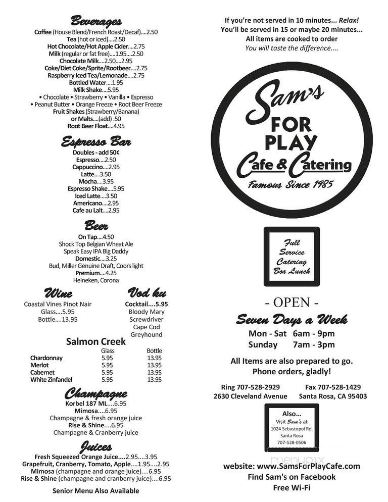 Sam's For Play Cafe - Santa Rosa, CA menu_pic