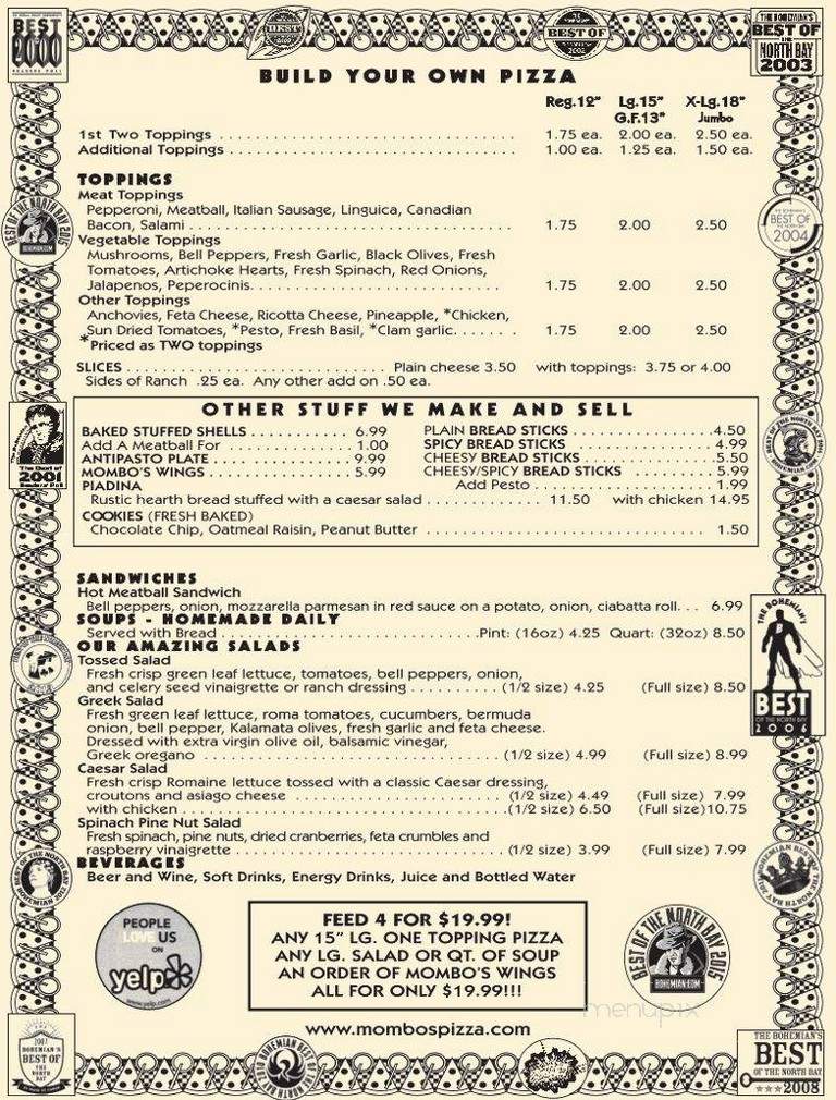 Mombo's Pizza - Santa Rosa, CA menu_pic