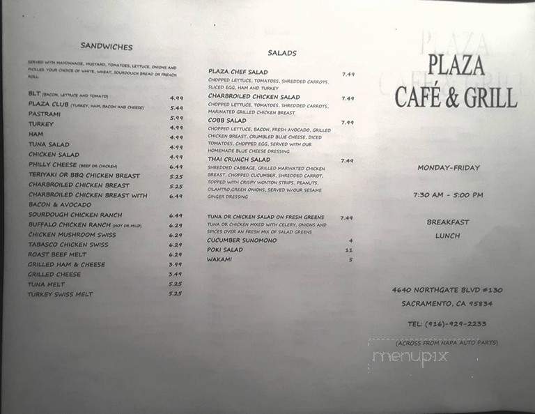 Plaza Cafe & Grill - Sacramento, CA menu_pic