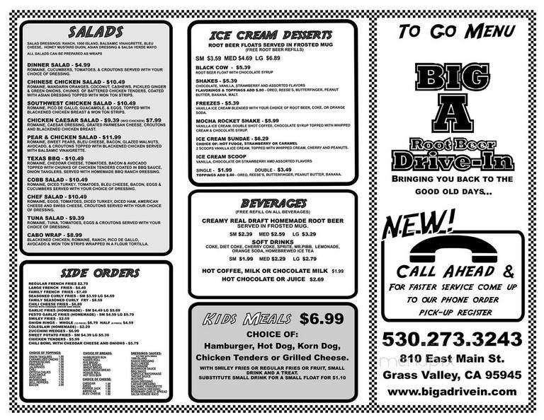 Online Menu of Big A Rootbeer Drive In, Grass Valley, CA